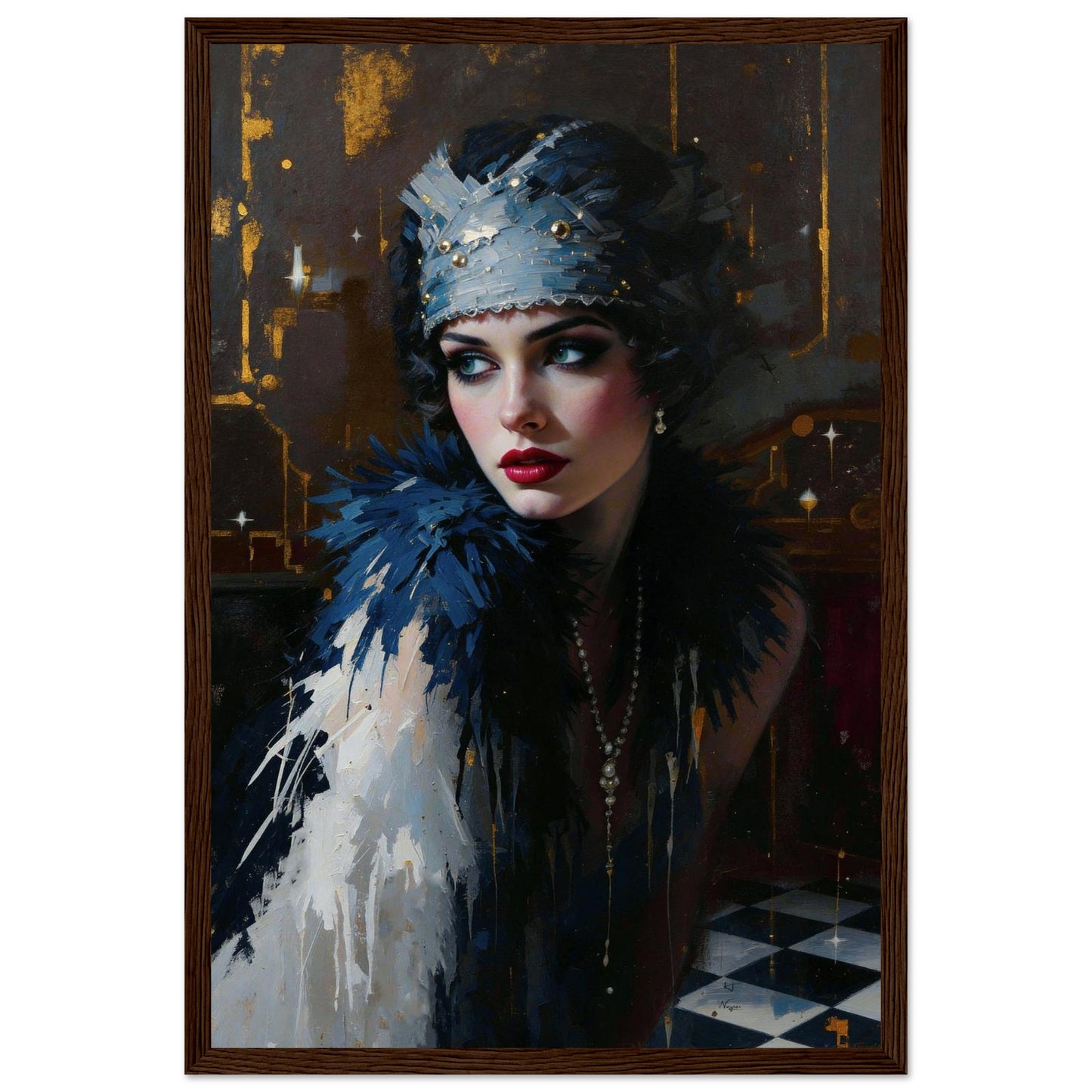 1920s Gatsby Flapper Painting Art Print - Speakeasy Prohibition Wall Decor 12x18″ Premium Matte Framed Poster - Dark Brown Wood