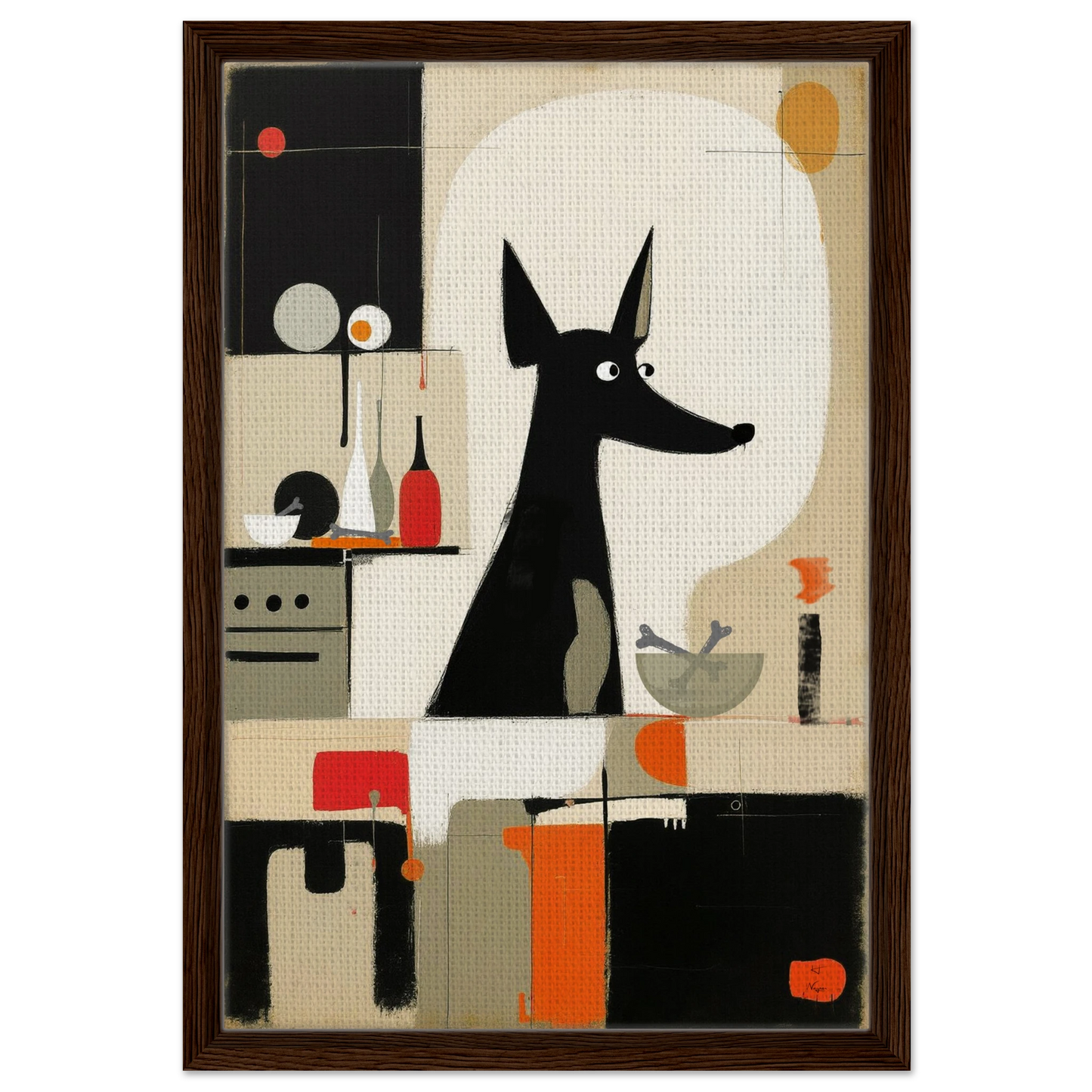Modern Quirky Abstract Dog Art Print Dark Brown Wood Frame 40x60 cm 16x24″ Framed Canvas