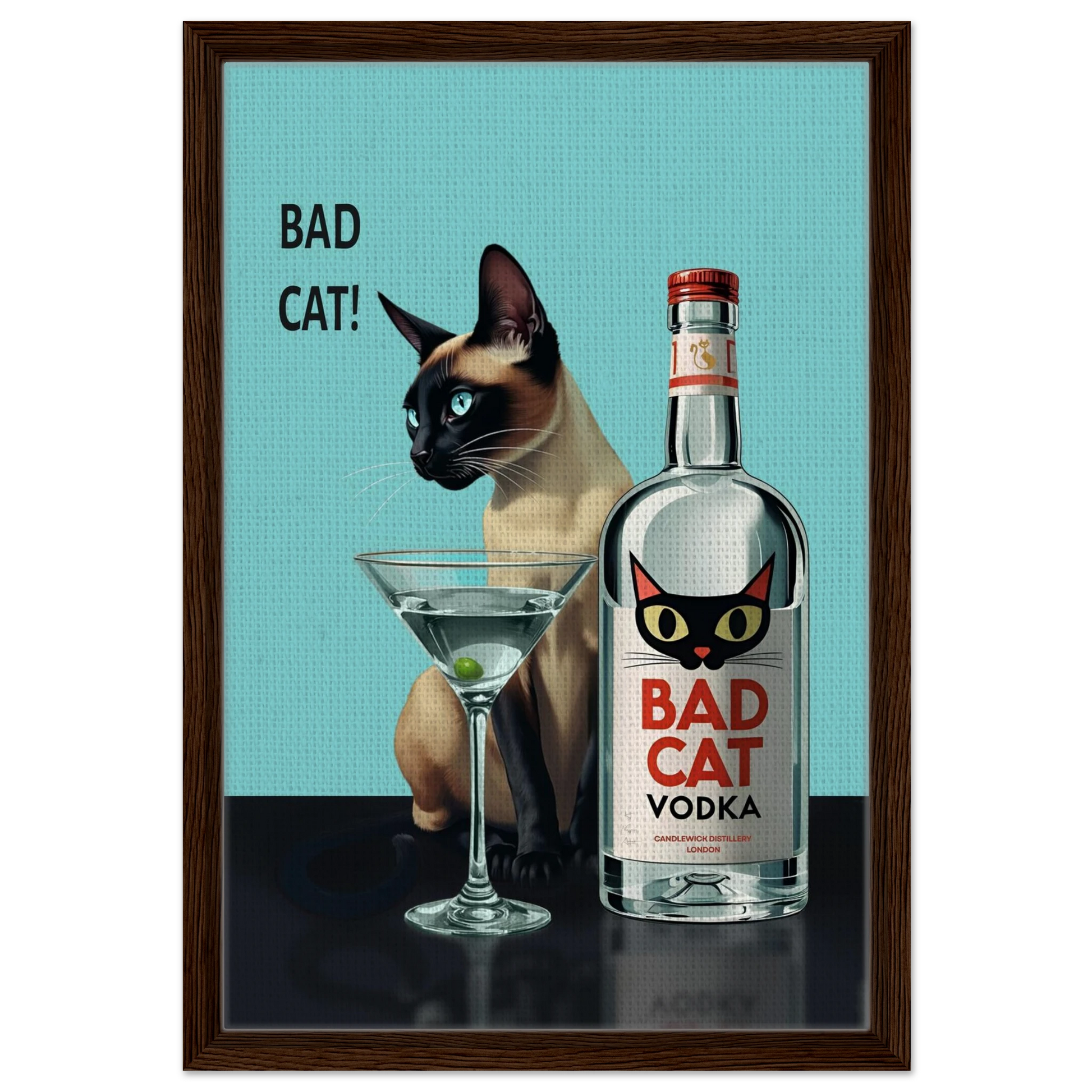 Siamese Cat Retro Martini Cocktail Bar Art Print Black Wood Frame 30x45 cm 12x18″ Framed Canvas