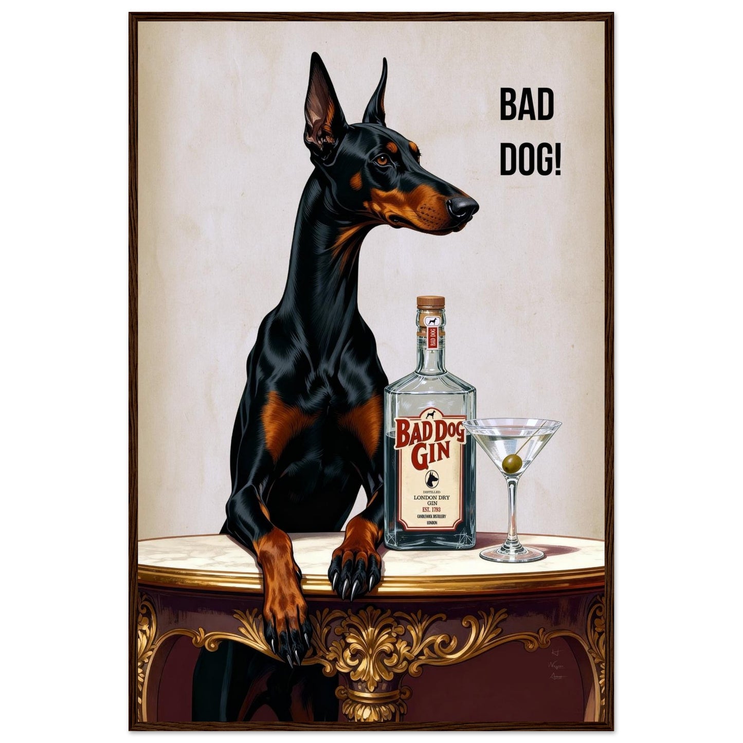Bad Dog Gin Cocktail Bar Art Print 60x90 cm 24x36″ Premium Matte Framed Poster Dark Brown Wood Frame