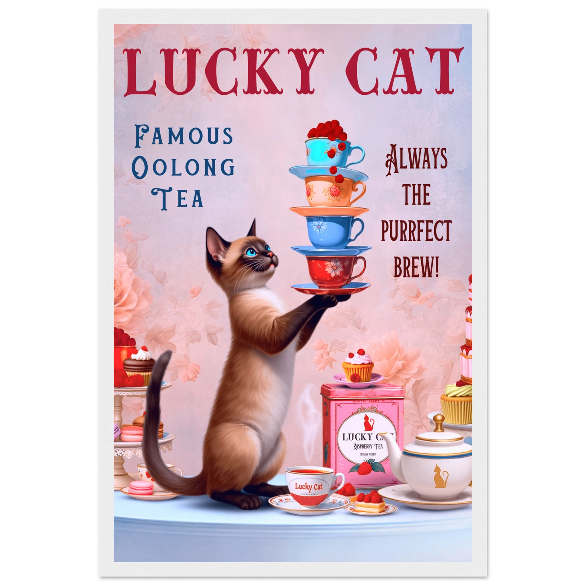 Siamese Lucky Cat Vintage Tea Art Print 30x45 cm 12x18″ Classic Matte Paper Wooden Framed Poster White Wood Frame