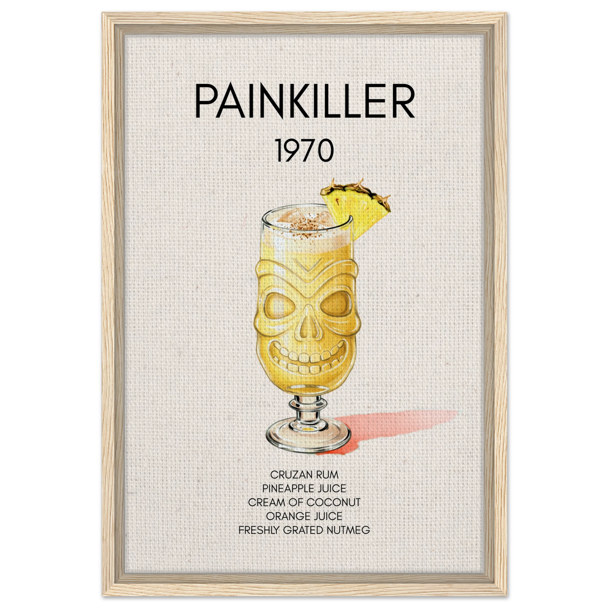 Painkiller Cocktail Bar Art Tiki Print Light Wood Frame 40x60 cm 16x24″ Framed Canvas