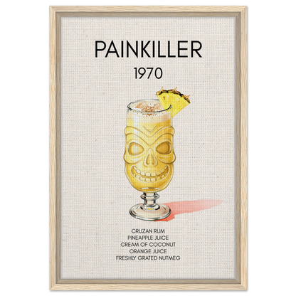Painkiller Cocktail Bar Art Tiki Print Light Wood Frame 40x60 cm 16x24″ Framed Canvas