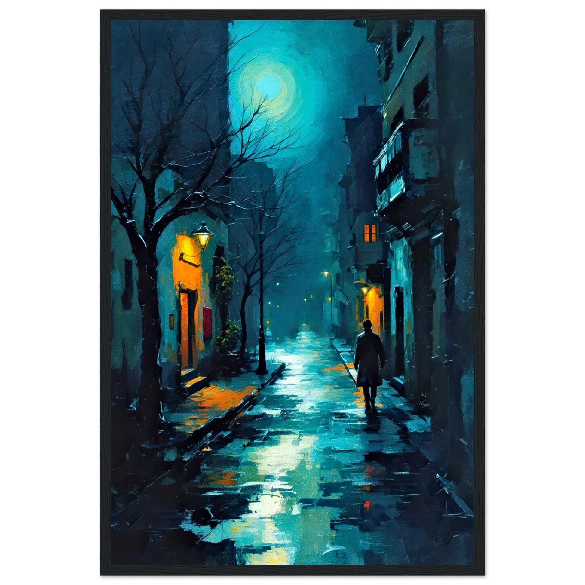Blue Moon Night Street Scene Art Print 40x60 cm 16x24″ Premium Matte Framed Poster Black Wood Frame