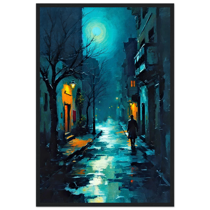 Blue Moon Night Street Scene Art Print 40x60 cm 16x24″ Premium Matte Framed Poster Black Wood Frame
