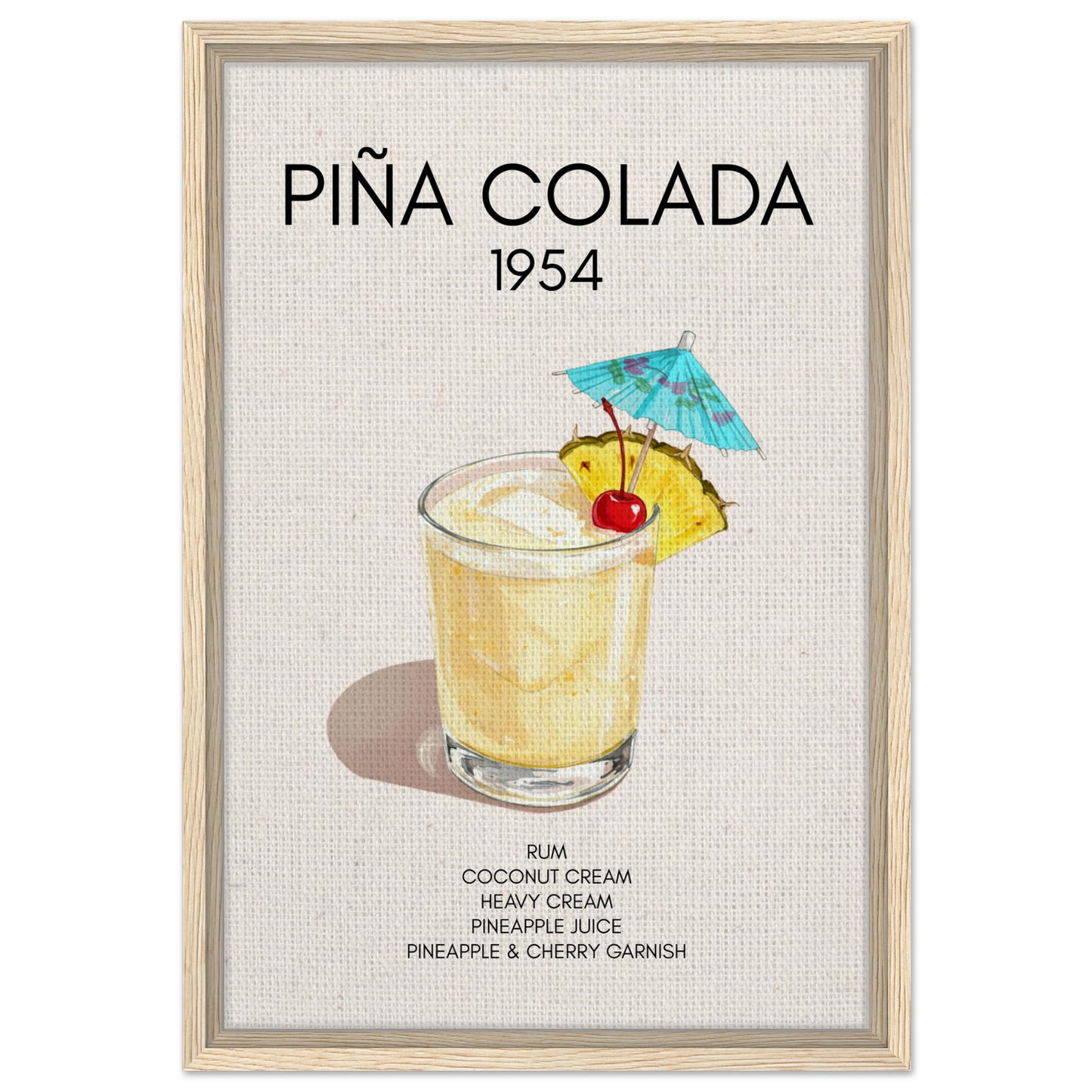 Pina Colada Cocktail Bar Poster Print Light Wood Frame 40x60 cm 16x24″ Framed Canvas