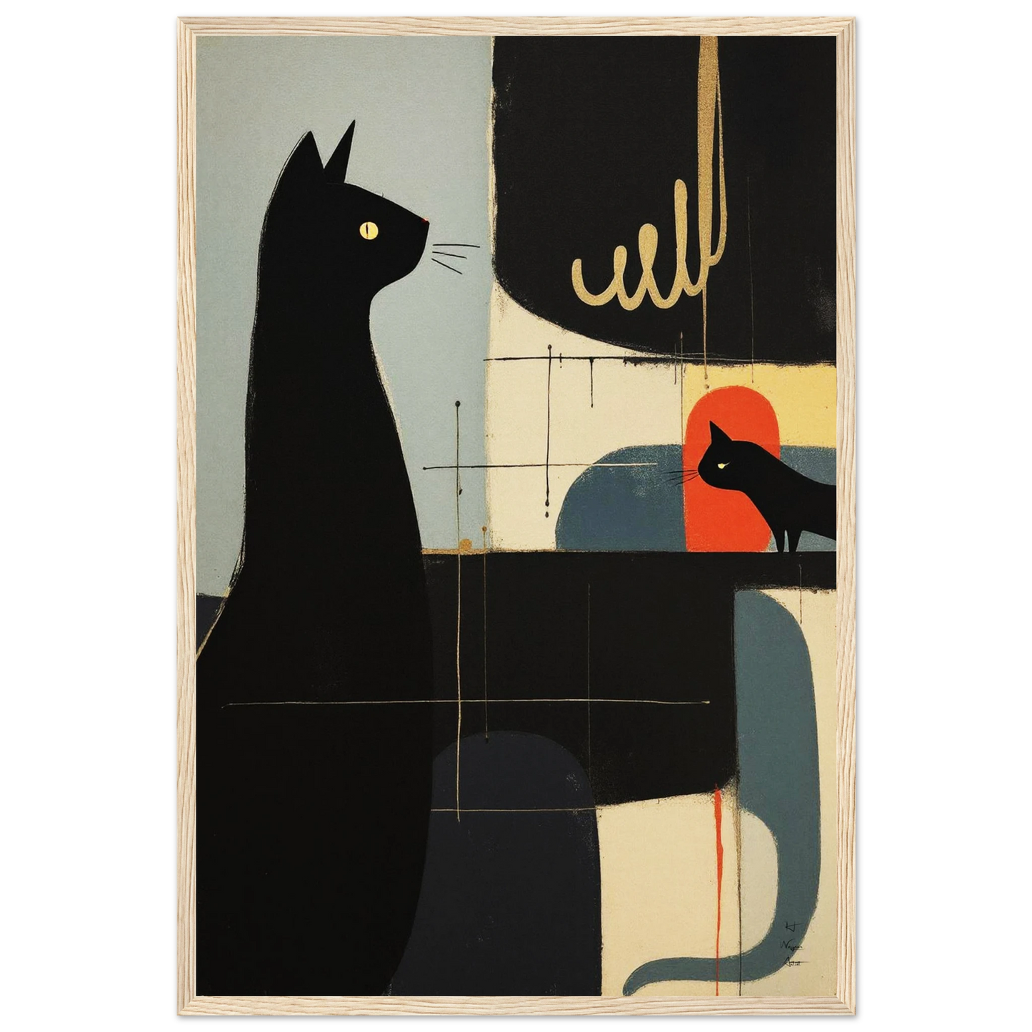 Abstract Cat & Kitten Modern Art Print Light Wood Frame 40x60 cm 16x24″ Museum-Quality Matte Framed Poster