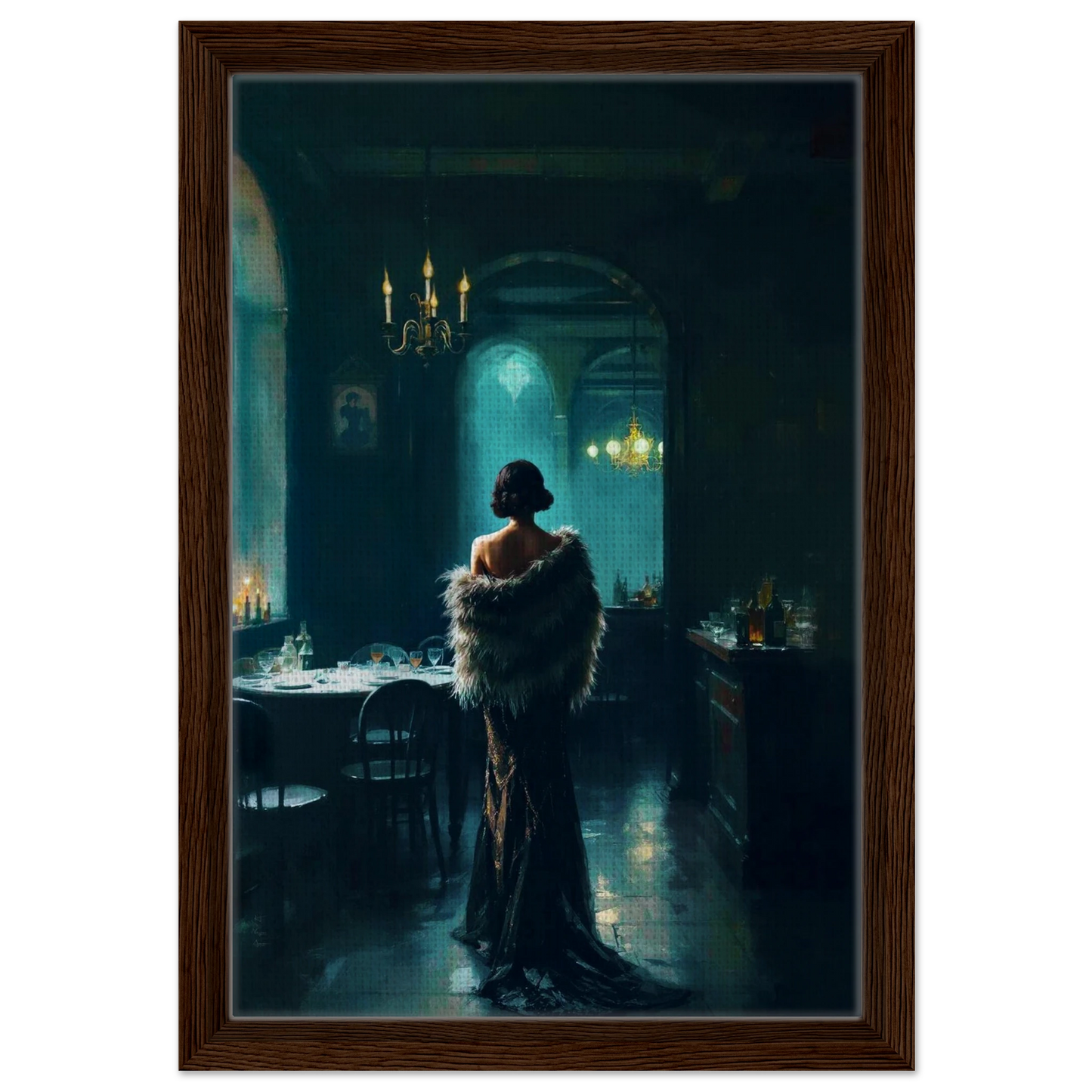 Moody Speakeasy Flapper Bar Art Print Dark Brown Wood Frame 30x45 cm 12x18″ Framed Canvas