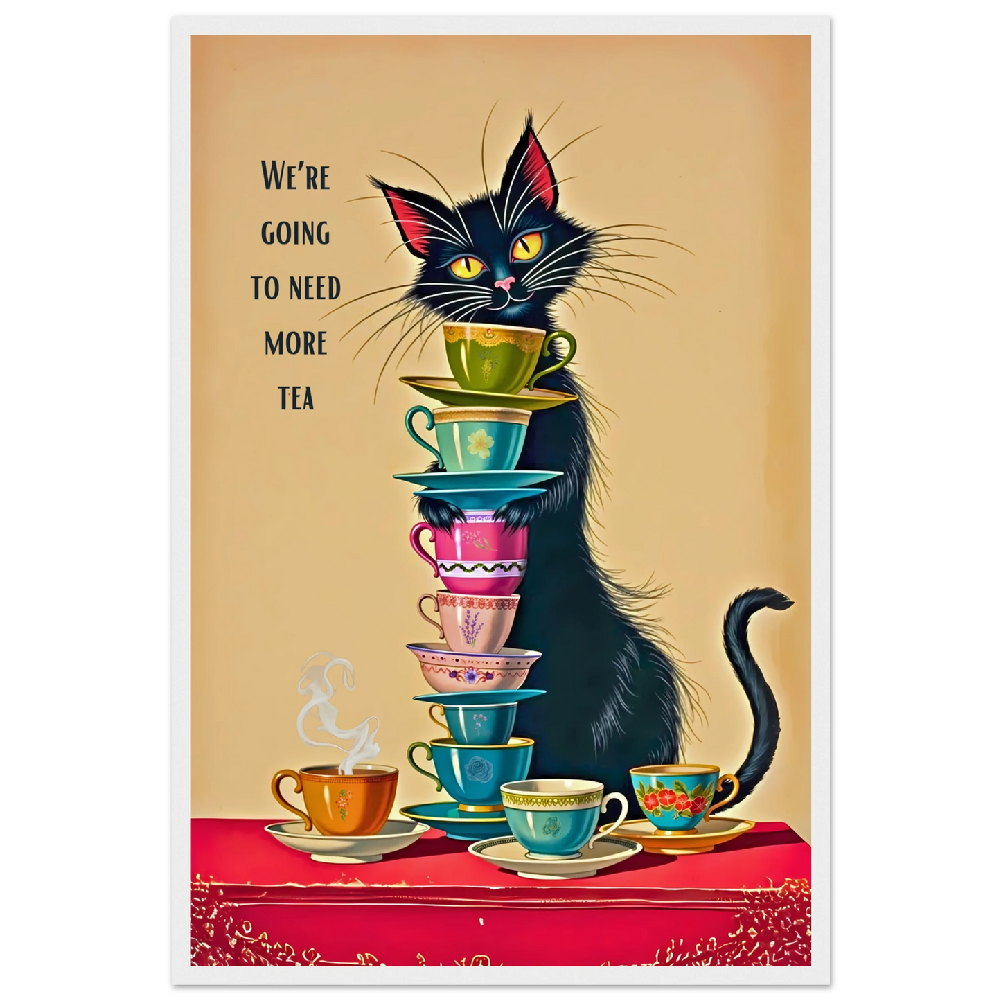 Quirky Cat Funny Tea Art Print 40x60 cm 16x24″ Premium Matte Paper Wooden Framed Poster White Wood Frame