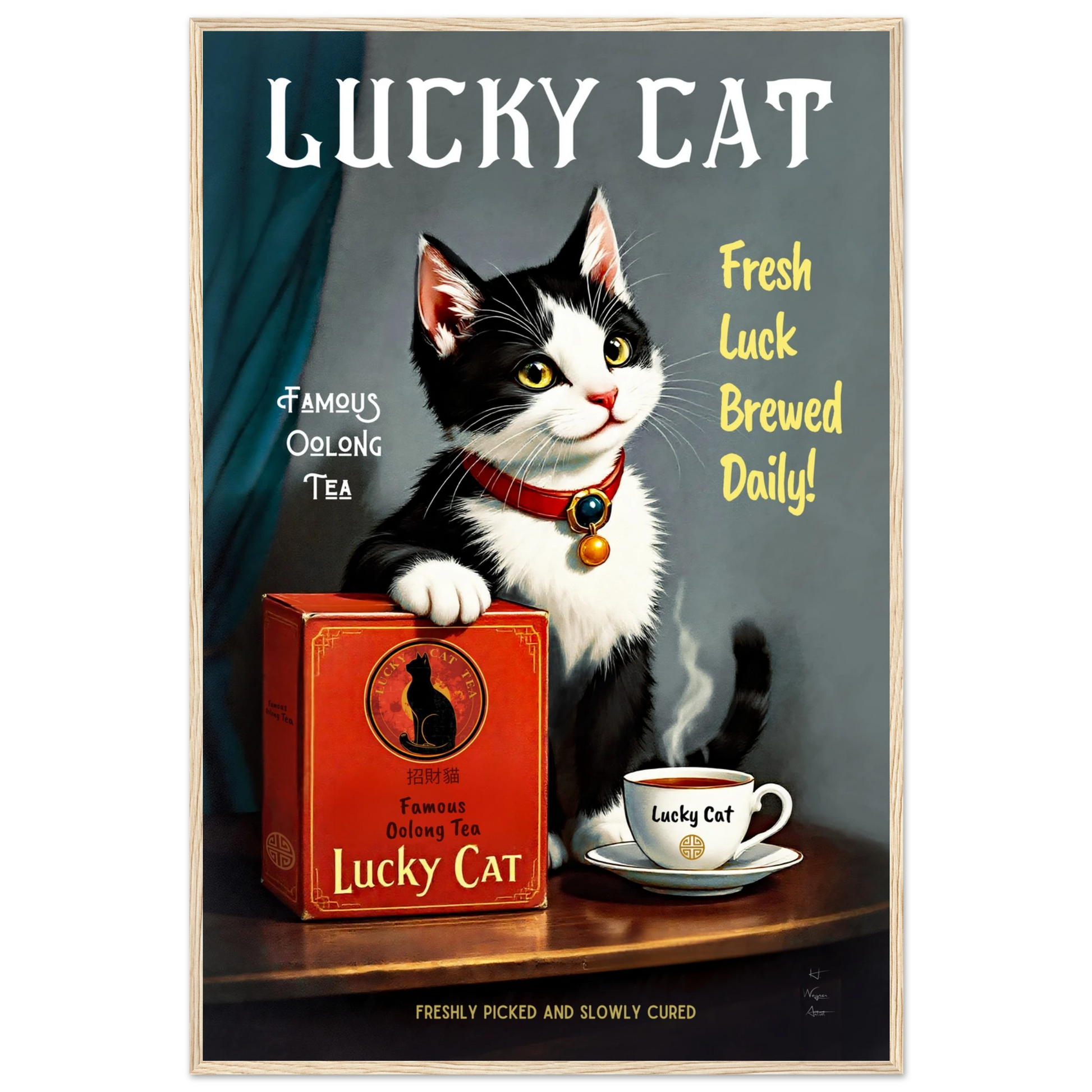 Lucky Tuxedo Cat Tea Kitchen Art Print 60x90 cm 24x36″ Premium Matte Framed Poster Light Wood Frame