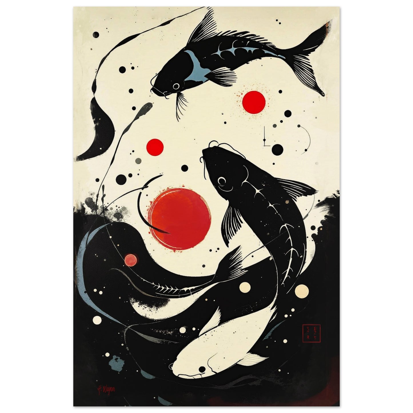 Mid-Century Modern Koi Fish Art Poster Print – Framed Abstract Black White Wall Décor 30x45 cm 12x18″ Framed Canvas Light Wood Frame