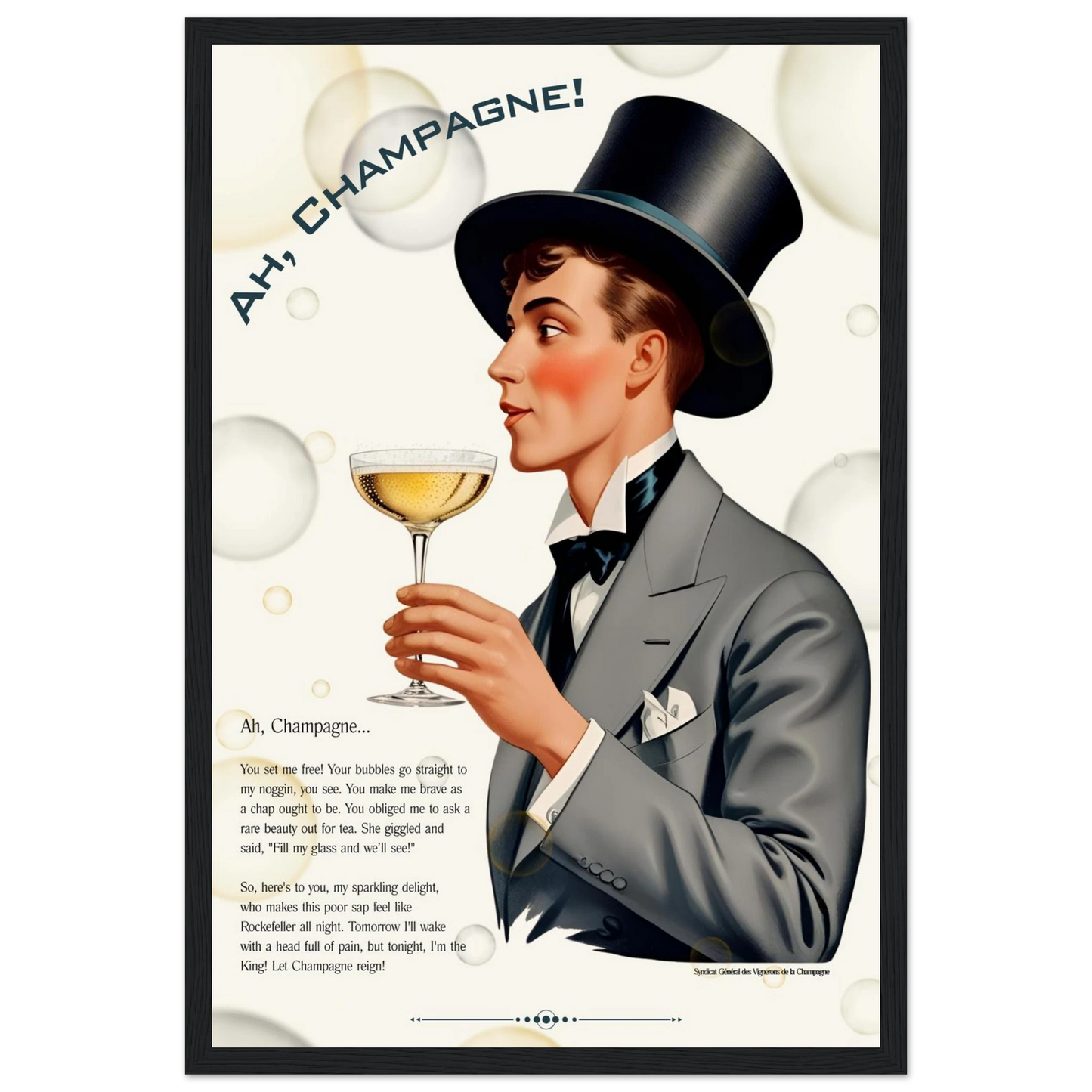 Art Deco Champagne Funny Poem Art Print 30x45 cm 12x18″ Classic Matte Paper Wooden Framed Poster Black Wood Frame