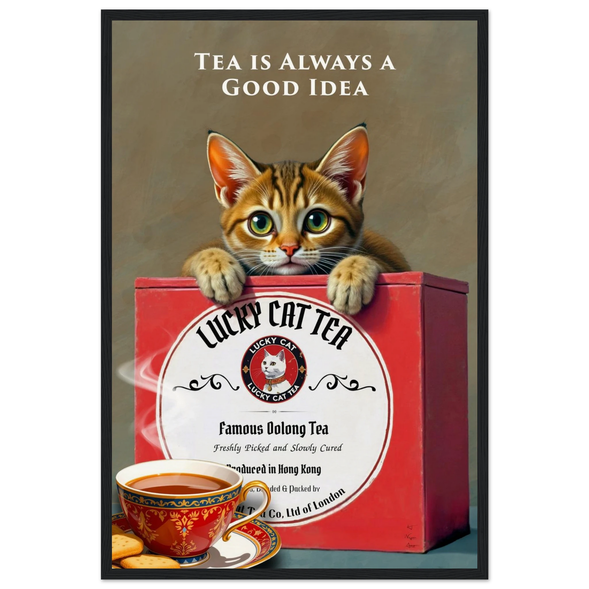 Tabby Lucky Cat Tea Vintage Kitchen Art Print Black Wood frame 40x60 cm 16x24″ Museum-Quality Matte Paper Wooden Framed Poster