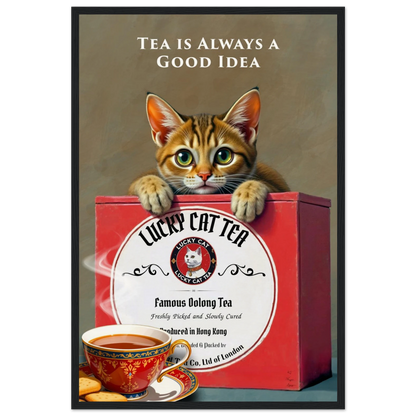 Tabby Lucky Cat Tea Vintage Kitchen Art Print Black Wood frame 40x60 cm 16x24″ Museum-Quality Matte Paper Wooden Framed Poster