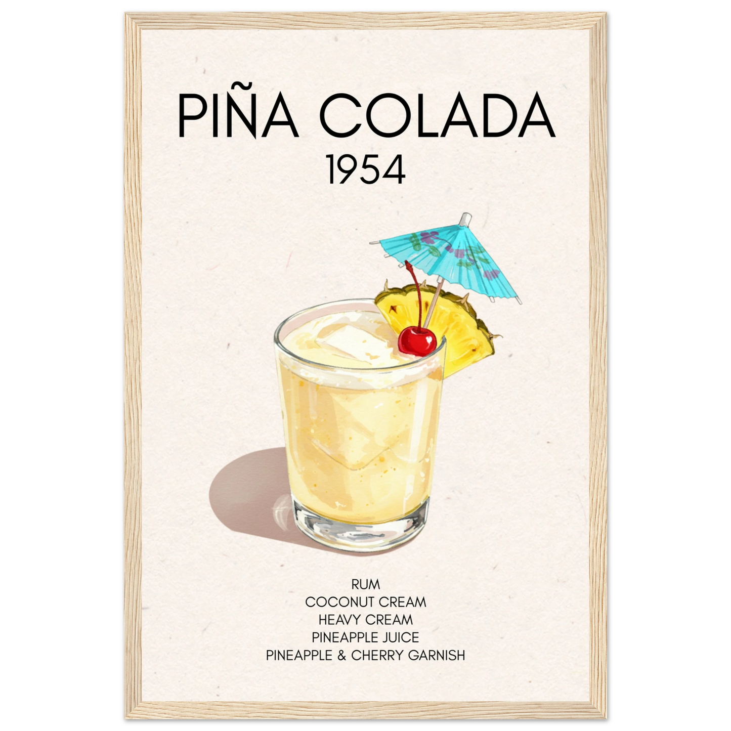 Pina Colada Cocktail Bar Poster Print Light Wood Frame 30x45 cm 12x18″ Classic Matte Paper Wooden Framed Poster