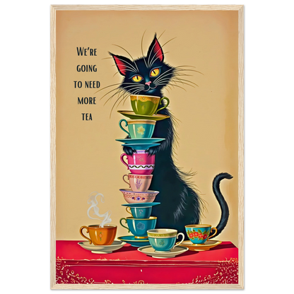 Quirky Cat Funny Tea Art Print 40x60 cm 16x24″ Museum-Quality Matte Paper Wooden Framed Poster Light Wood Frame