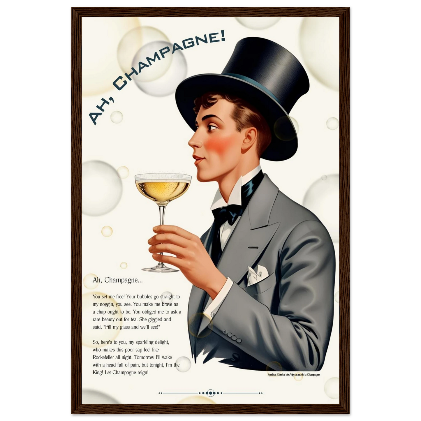 Art Deco Champagne Funny Poem Art Print 30x45 cm 12x18″ Classic Matte Paper Wooden Framed Poster Dark Brown Wood Frame