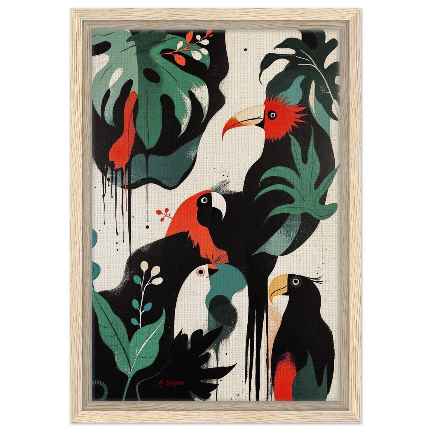 Mid-Century Modern Exotic Bird Art Poster Print - Framed Tropical Parrot Wall Décor Light Wood Frame 30x45 cm 12x18″ Framed Canvas