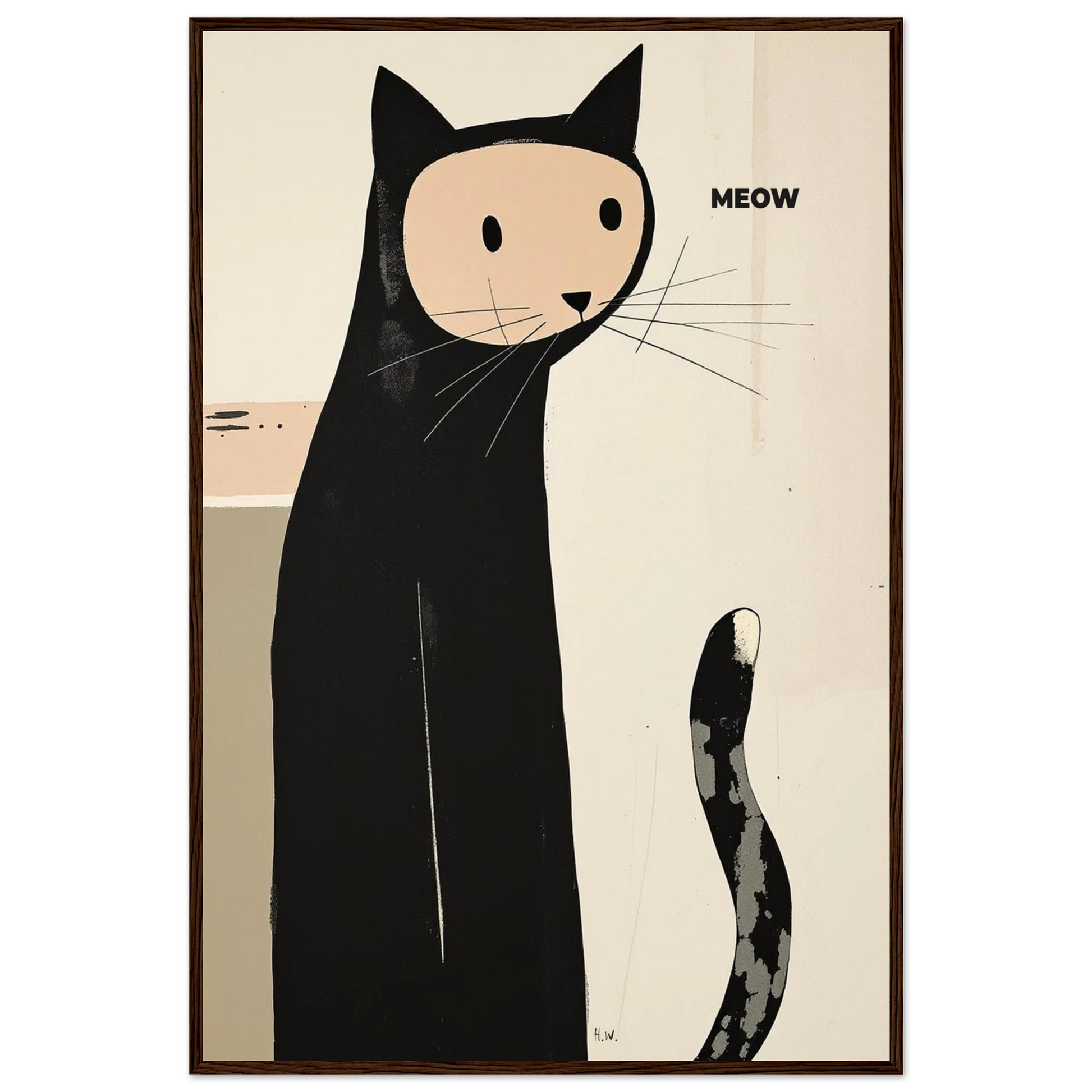 Quirky Modern Cat Art Poster Print 60x90 cm 24x36″ Classic Matte Paper Wooden Framed Poster Dark Brown Wood Frame