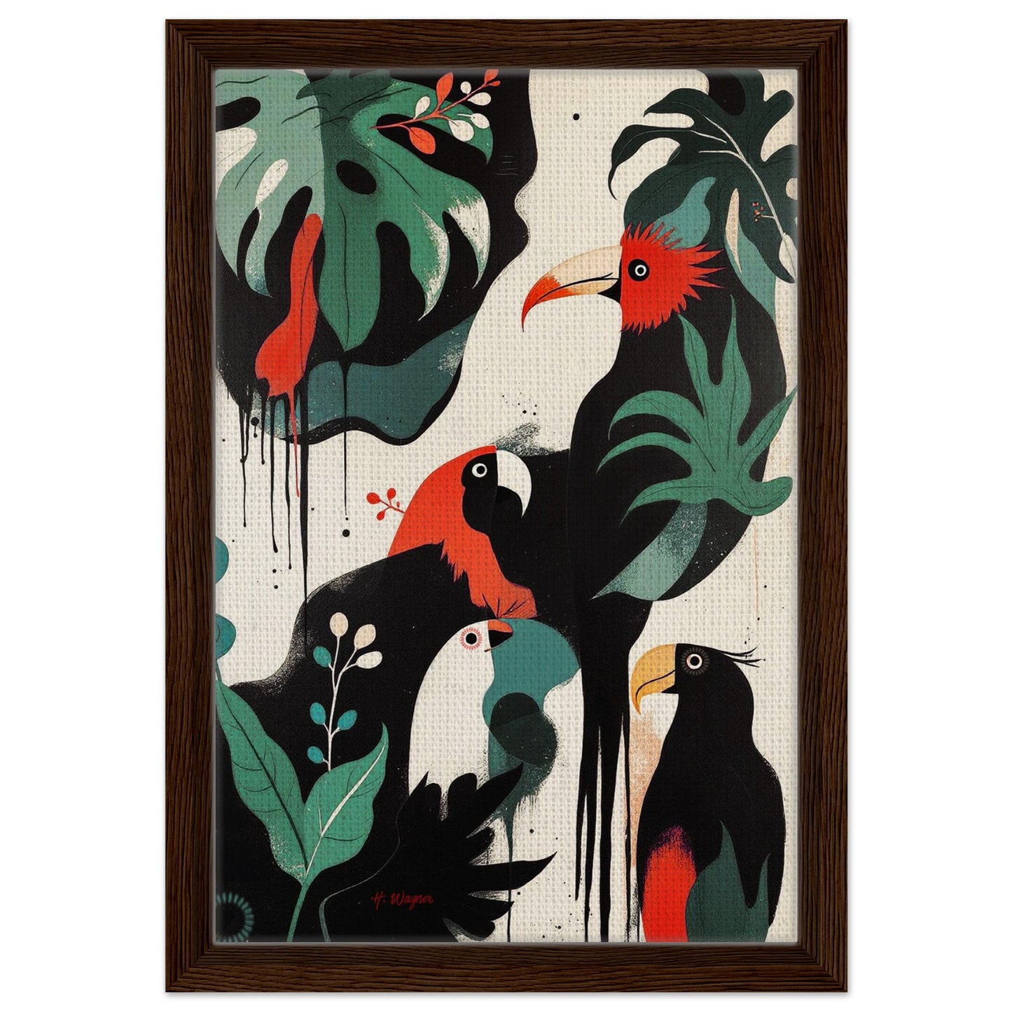 Mid-Century Modern Exotic Bird Art Poster Print - Framed Tropical Parrot Wall Décor Dark Brown Wood Frame 30x45 cm 12x18″ Framed Canvas