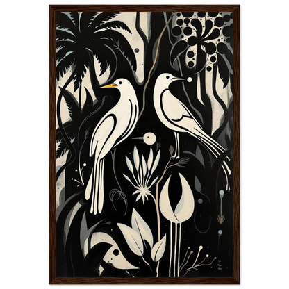Black & White Minimalist Bird Art Print Dark Brown Wood Frame 30x45 cm 12x18″ Classic Matte Paper Wooden Framed Poster