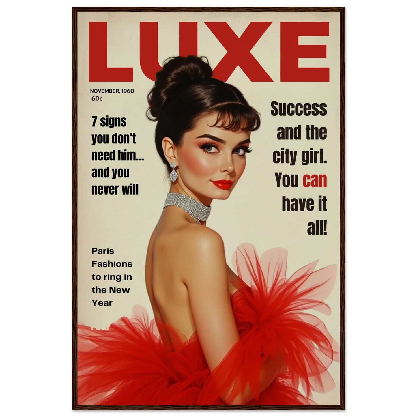 Audrey Hepburn Vintage Fashion Art Print Dark Brown Wood Frame 60x90 cm 24x36″ Museum-Quality Matte Paper Wooden Framed Poster