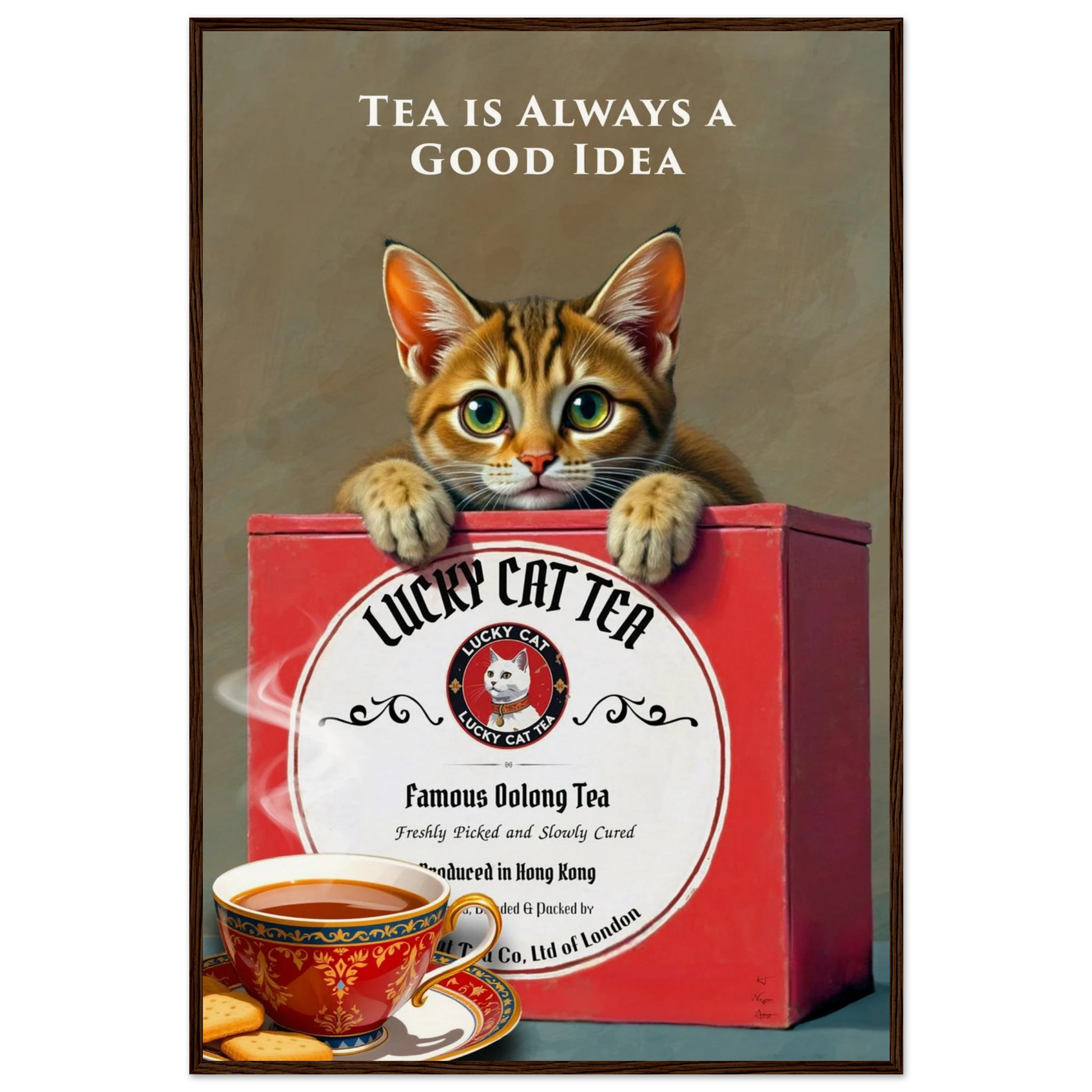 Tabby Lucky Cat Tea Vintage Kitchen Art Print Dark Brown Wood Frame 60x90 cm 24x36″ Museum-Quality Matte Paper Wooden Framed Poster