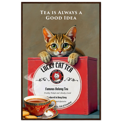 Tabby Lucky Cat Tea Vintage Kitchen Art Print Dark Brown Wood Frame 60x90 cm 24x36″ Museum-Quality Matte Paper Wooden Framed Poster