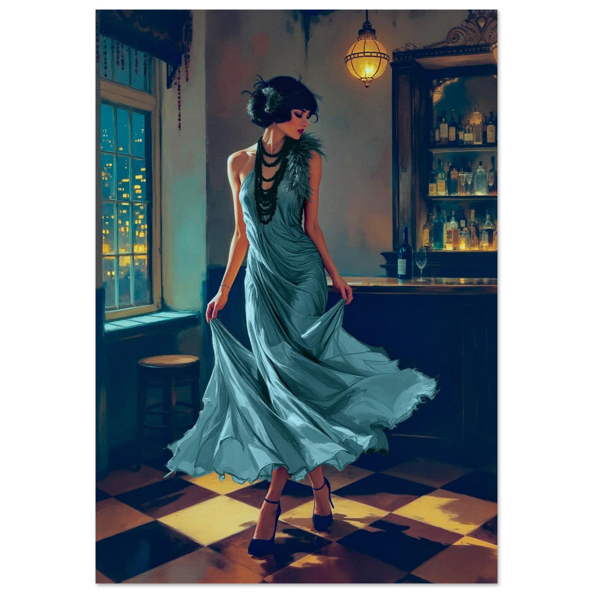 1920s Moonlit Flapper Speakeasy Art Print 70x100 cm 28x40″ Premium Matte Paper Poster No Frame