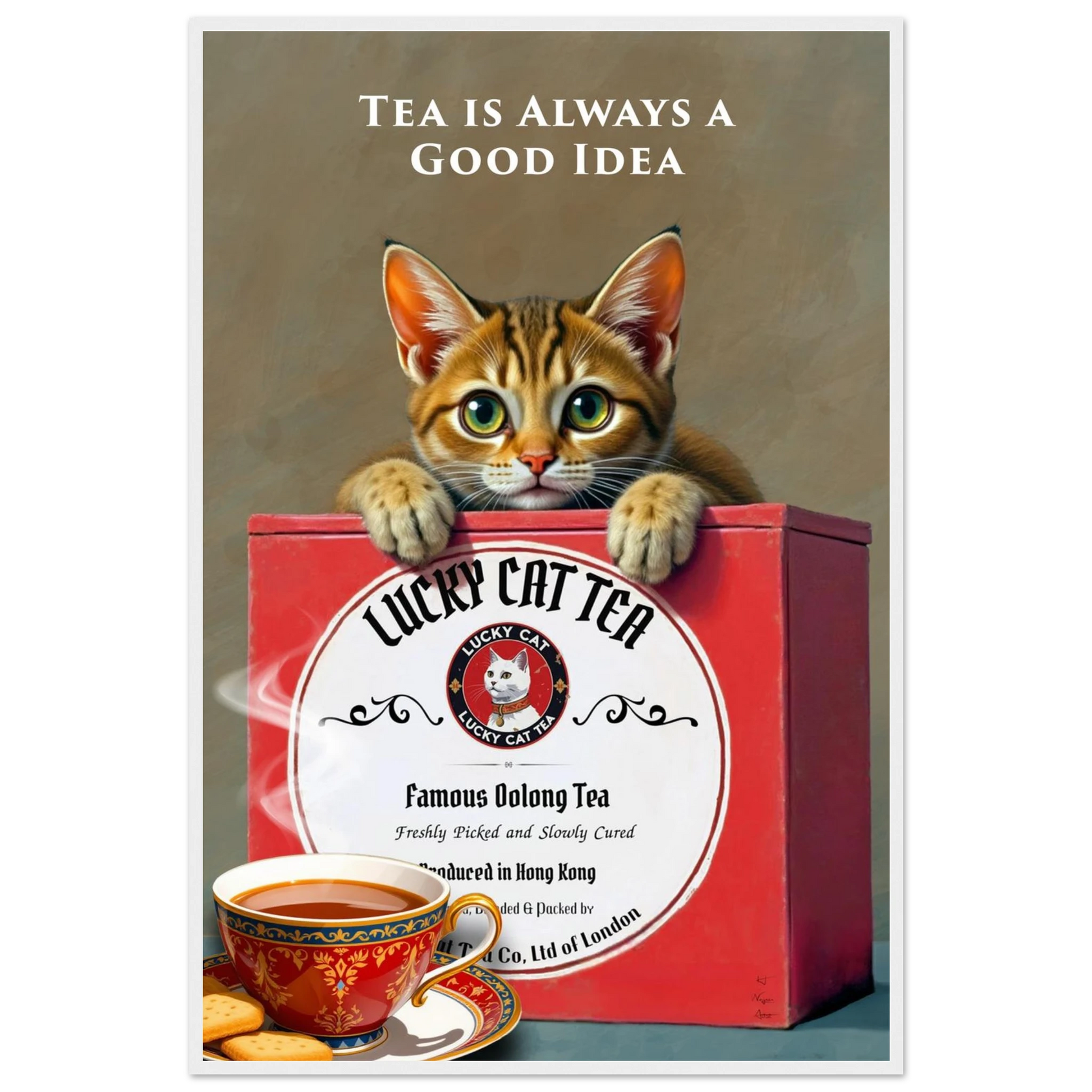 Tabby Lucky Cat Tea Vintage Kitchen Art Print White Wood Frame 60x90 cm 24x36″ Premium Matte Paper Wooden Framed Poster