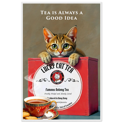 Tabby Lucky Cat Tea Vintage Kitchen Art Print White Wood Frame 60x90 cm 24x36″ Premium Matte Paper Wooden Framed Poster