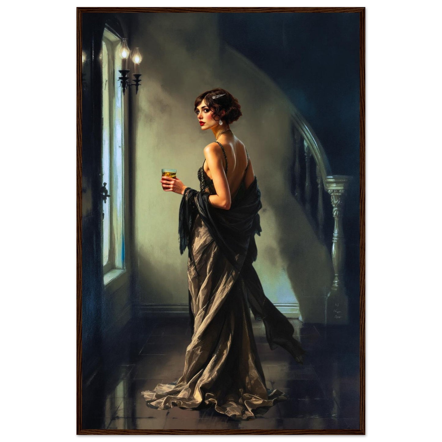 Art Deco Flapper Speakeasy Fine Art Print Dark Brown Wood Frame 60x90 cm 24x36″ Premium Matte Framed Poster