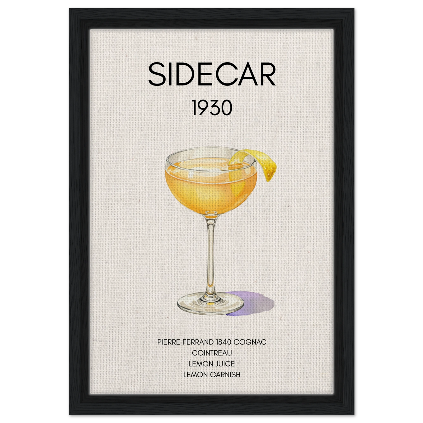 Sidecar Cocktail Bar Poster Print Black Wood Frame 30x45 cm 12x18″ Framed Canvas