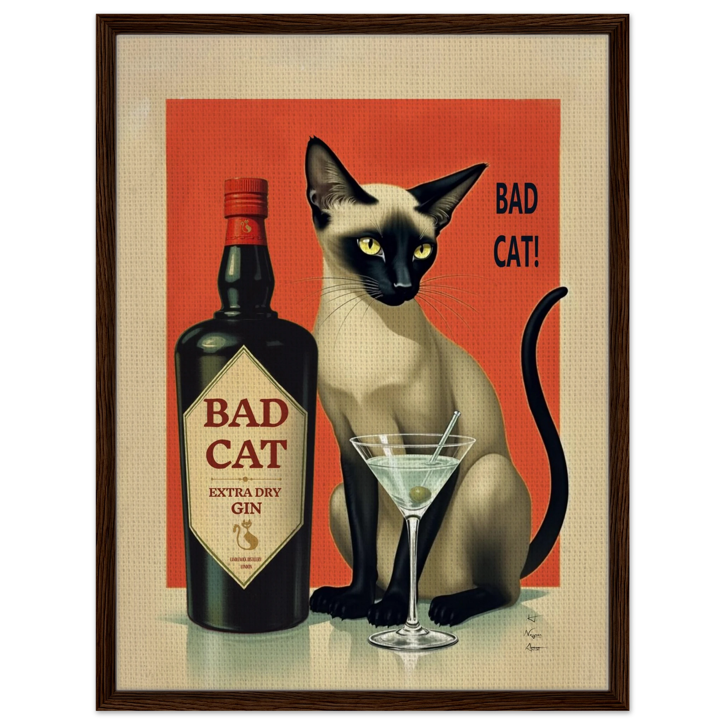 Siamese Cat Gin Martini Cocktail Art Print 60x80 cm 24x32″ Framed Canvas Dark Brown Wood Frame