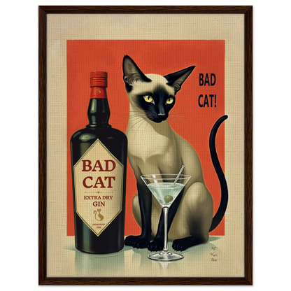 Siamese Cat Gin Martini Cocktail Art Print 60x80 cm 24x32″ Framed Canvas Dark Brown Wood Frame