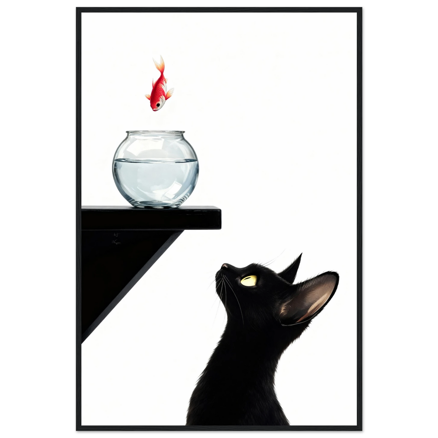 Curious Black Cat Goldfish Minimalist Art Print 40x60 cm 16x24″ Premium Matte Poster