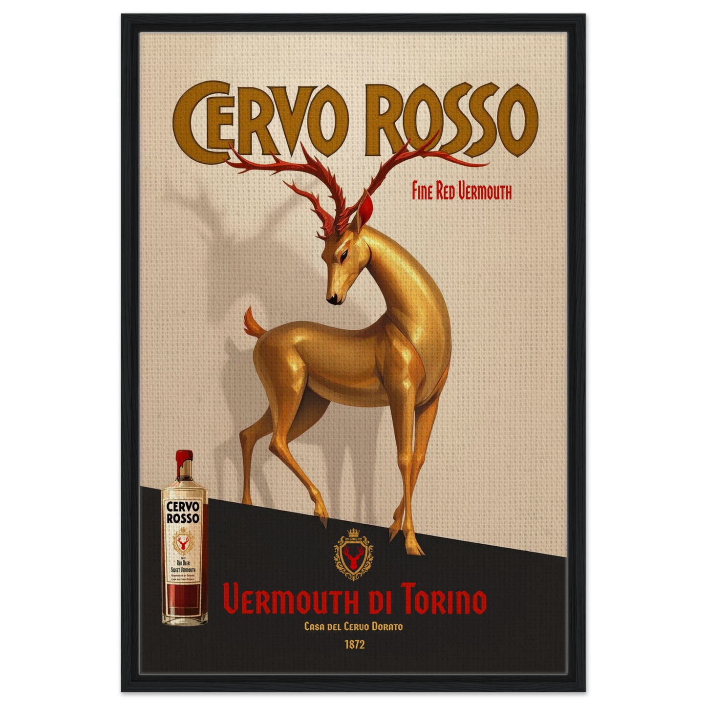 Art Deco Golden Deer Cocktail Bar Poster Print 60x90 cm 24x36″ Framed Canvas Black Wood Frame