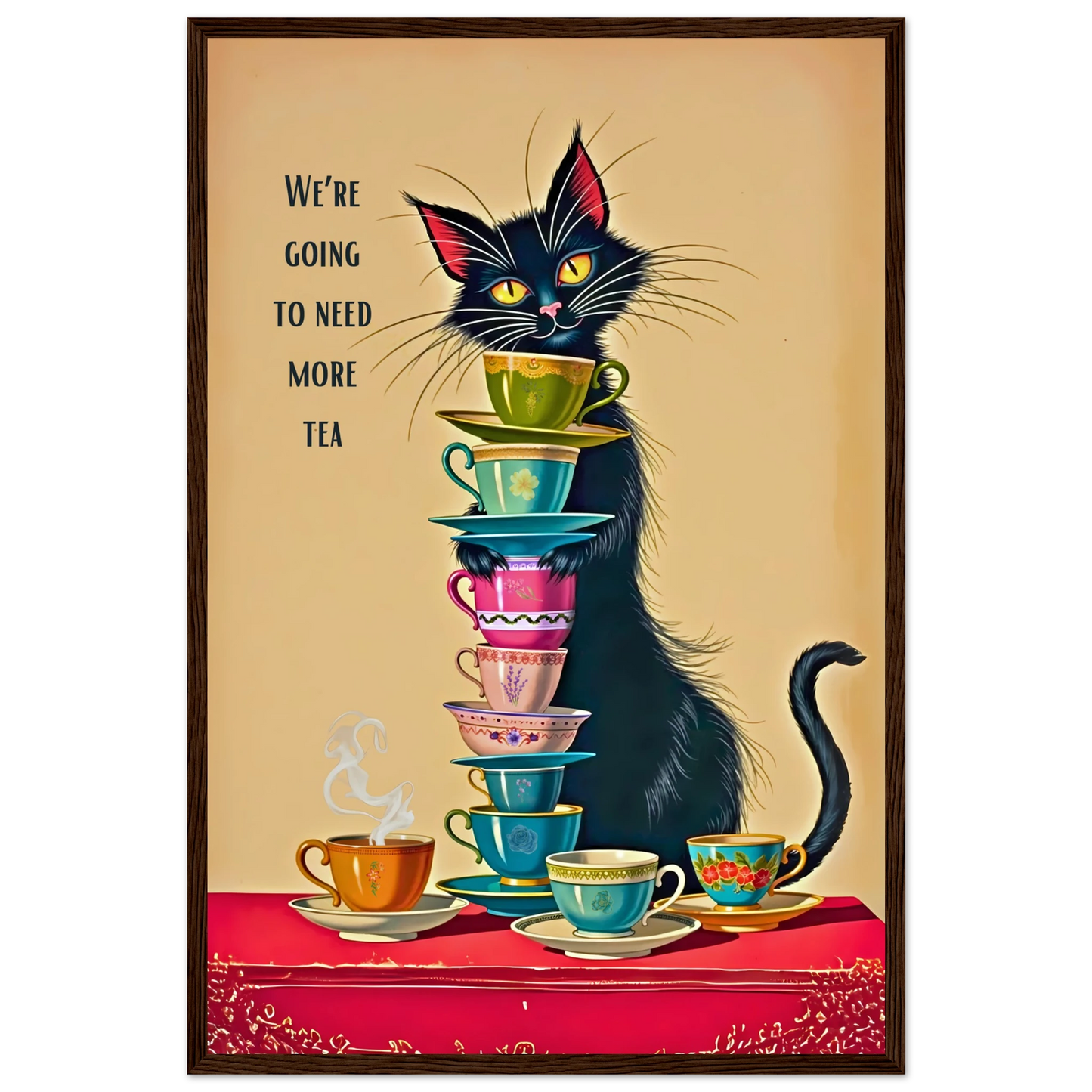 Quirky Cat Funny Tea Art Print 40x60 cm 16x24″ Premium Matte Paper Wooden Framed Poster Dark Brown Wood Frame