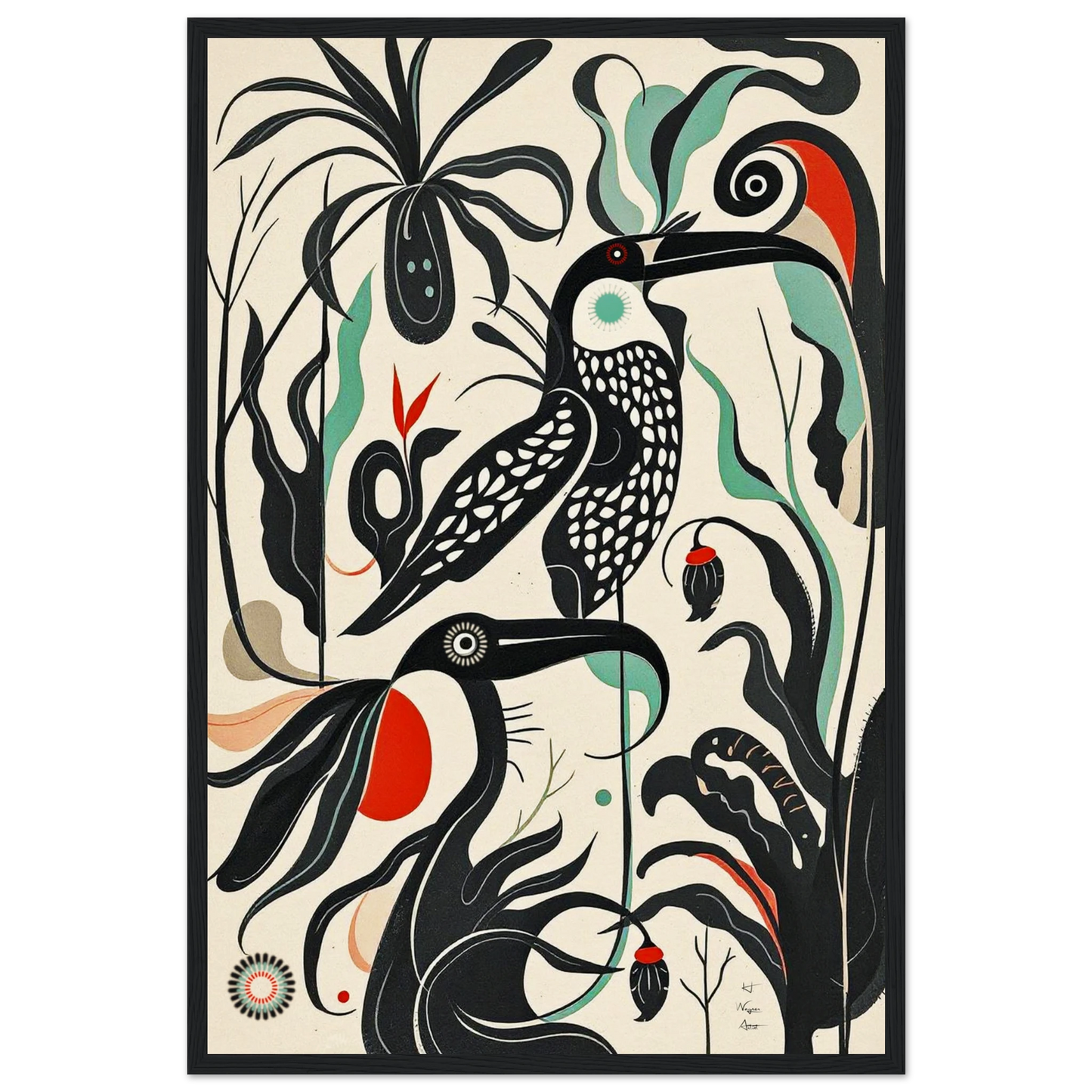 Mid-Century Modern Tropical Bird Art Print Black Wood Frame 40x60 cm 16x24″ Museum-Quality Matte Wooden Framed Poster