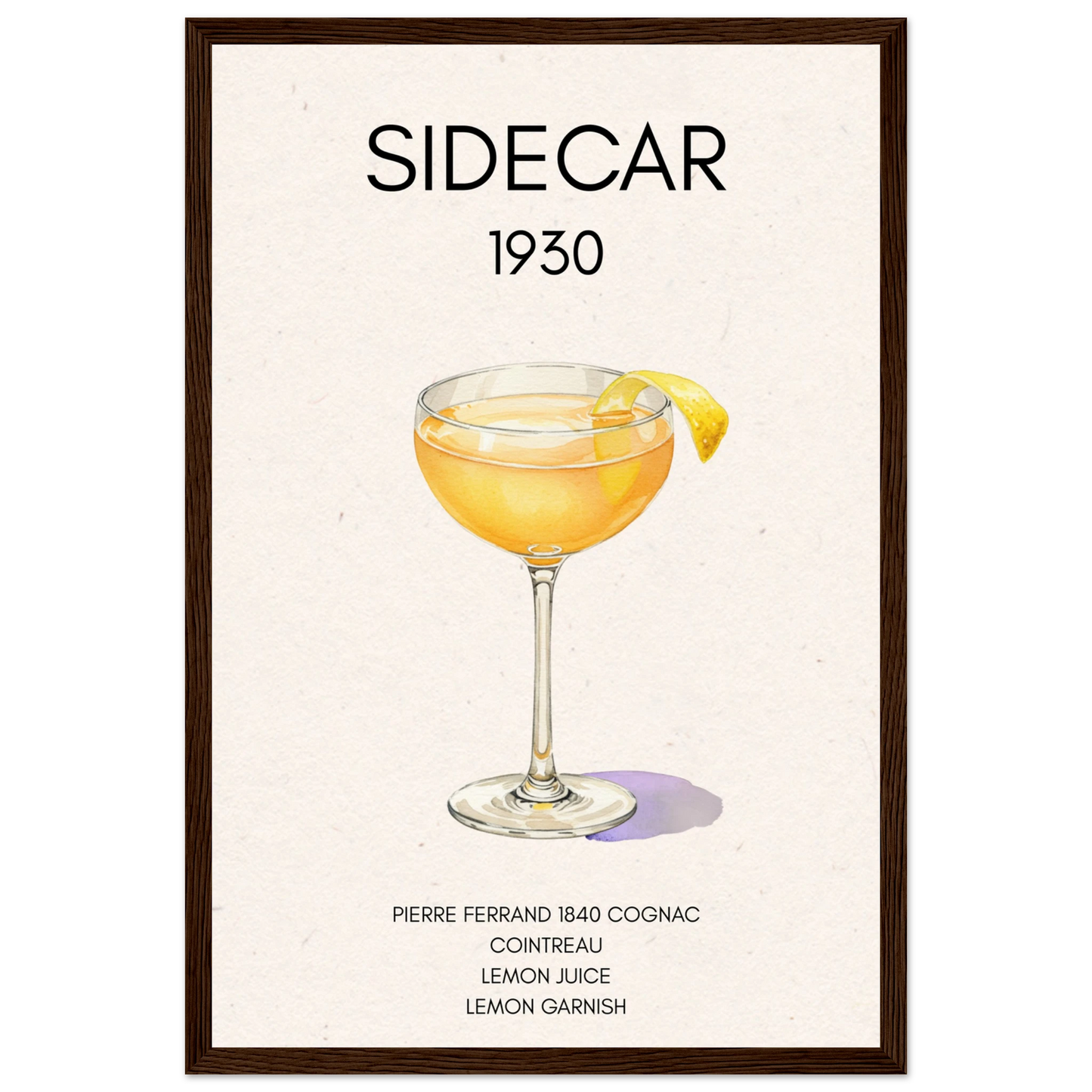 Sidecar Cocktail Bar Poster Print Dark Brown Wood Frame 30x45 cm 12x18″ Classic Matte Paper Wooden Framed Poster