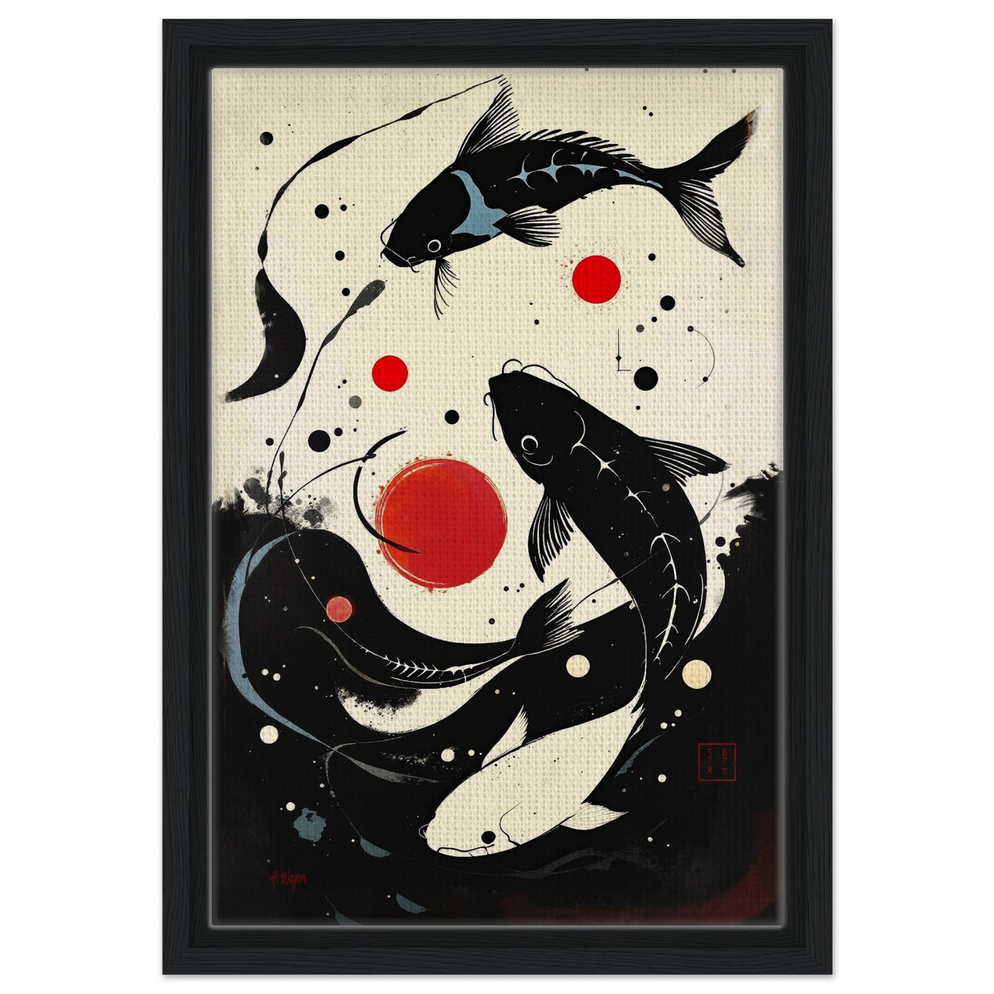 Mid-Century Modern Koi Fish Art Poster Print – Framed Abstract Black White Wall Décor 30x45 cm 12x18″ Framed Canvas Black Wood Frame