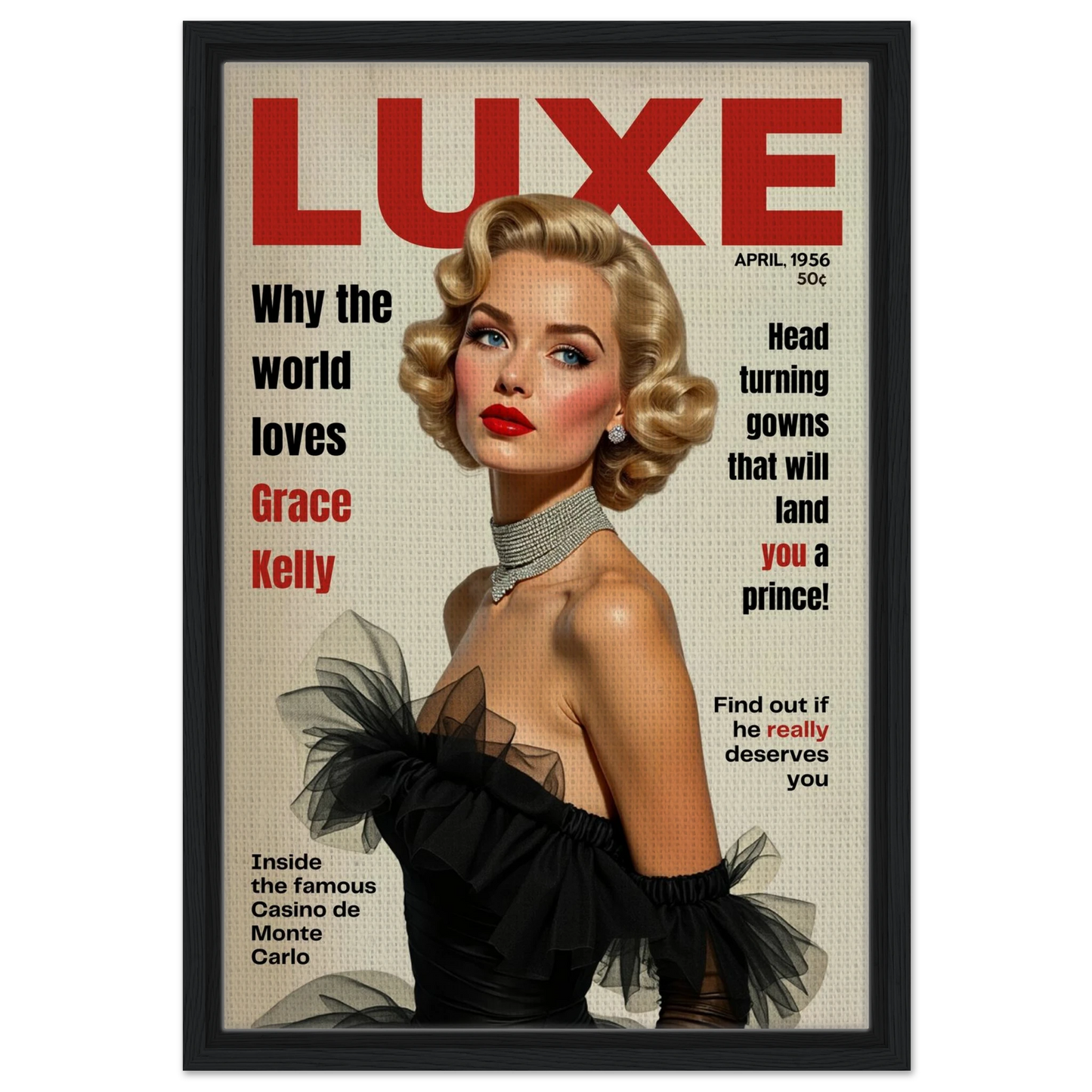 Grace Kelly Hollywood Glam Magazine Art Print Black Wood frame 40x60 cm 16x24″ Framed Canvas