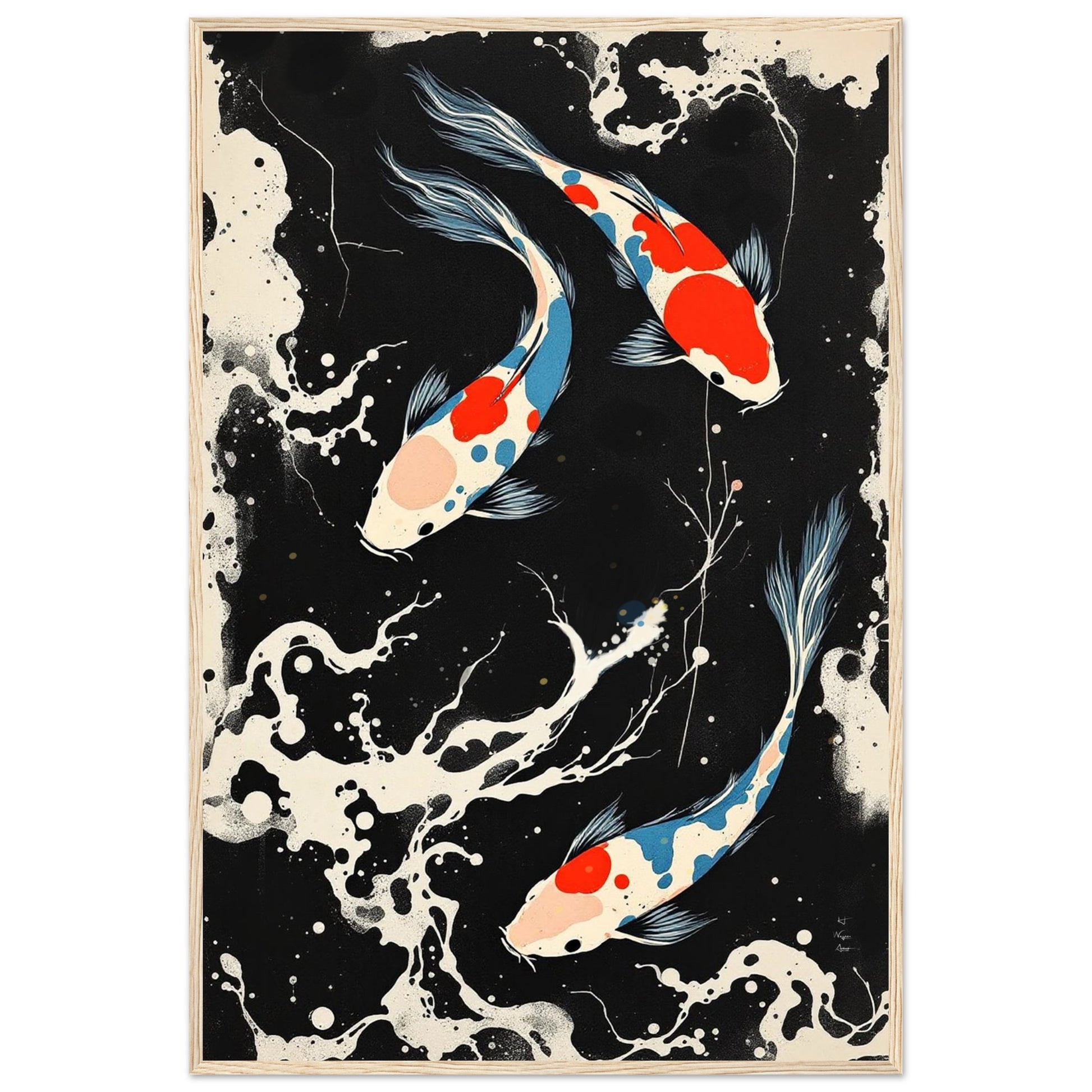Modern Black White Koi Fish Ocean Art Print 60x90 cm 24x36″ Premium Matte Paper Wooden Framed Poster Light Wood Frame