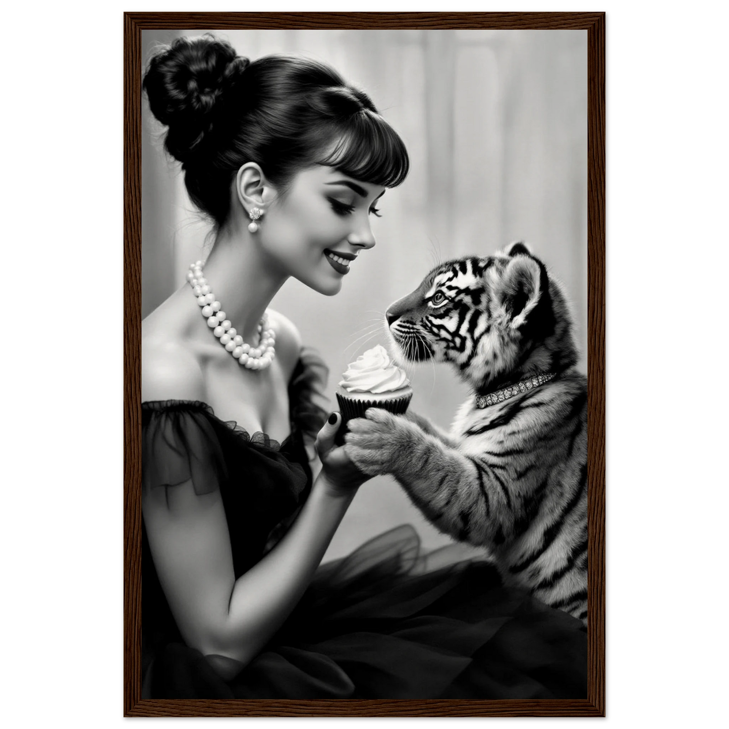 Audrey Hepburn Tiger Cub Art Print Dark Brown Wood Frame 30x45 cm 12x18″ Museum-Quality Matte Paper Wooden Framed Poster