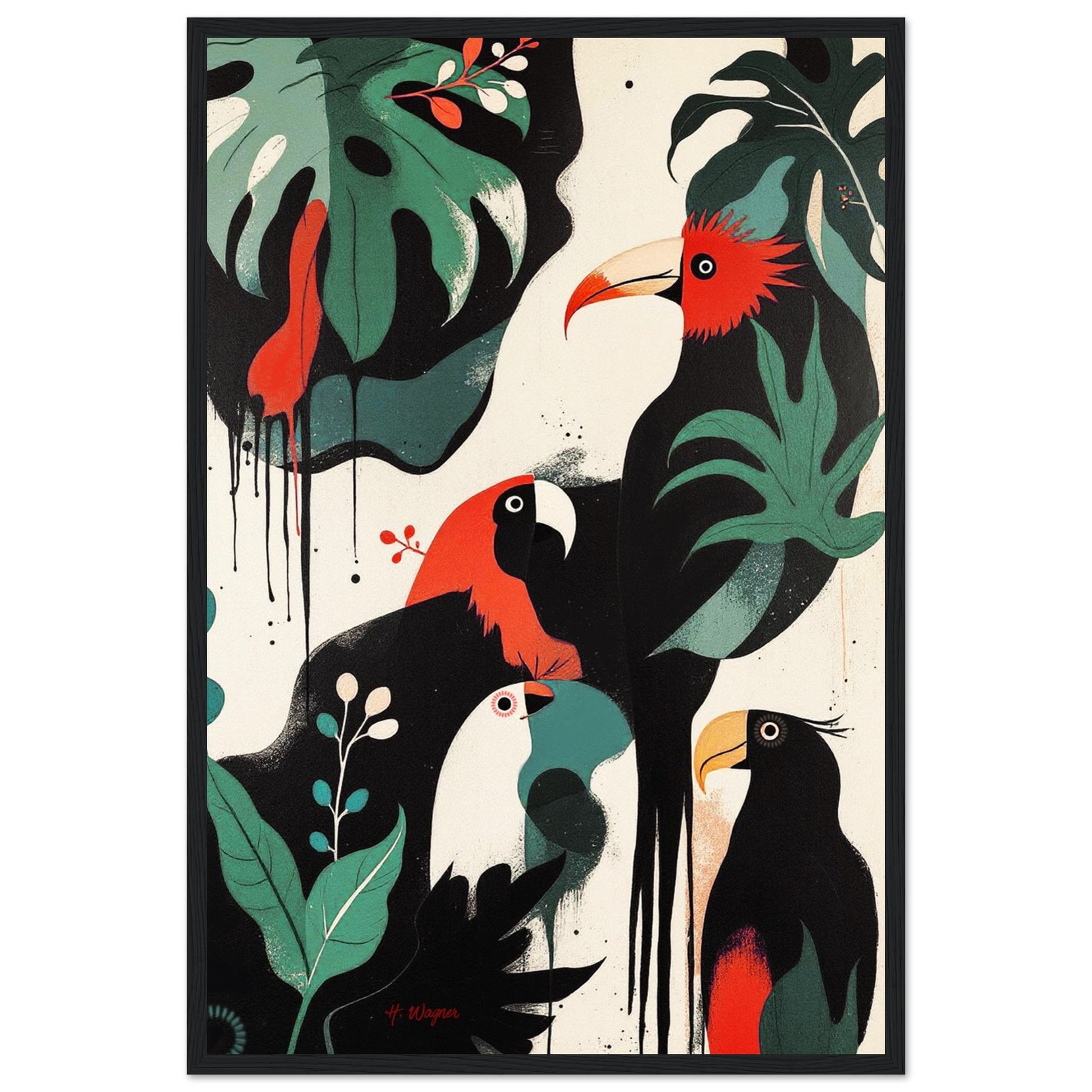 Mid-Century Modern Exotic Bird Art Poster Print - Framed Tropical Parrot Wall Décor Black Wood Frame 40x60 cm 16x24″ Premium Matte Wooden Framed Poster