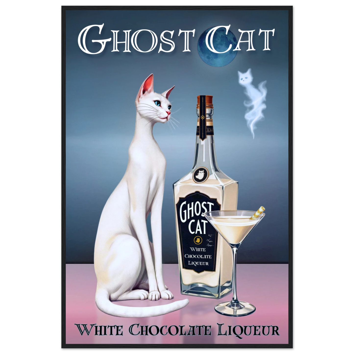 White Cat Martini Cocktail Bar Art Print 60x90 cm 24x36″ Premium Matte Paper Wooden Framed Poster Black Wood frame