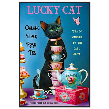 Lucky Cat Vintage Oolong Tea Art Print 60x90 cm 24x36″ Classic Matte Paper Wooden Framed Poster Black Wood frame