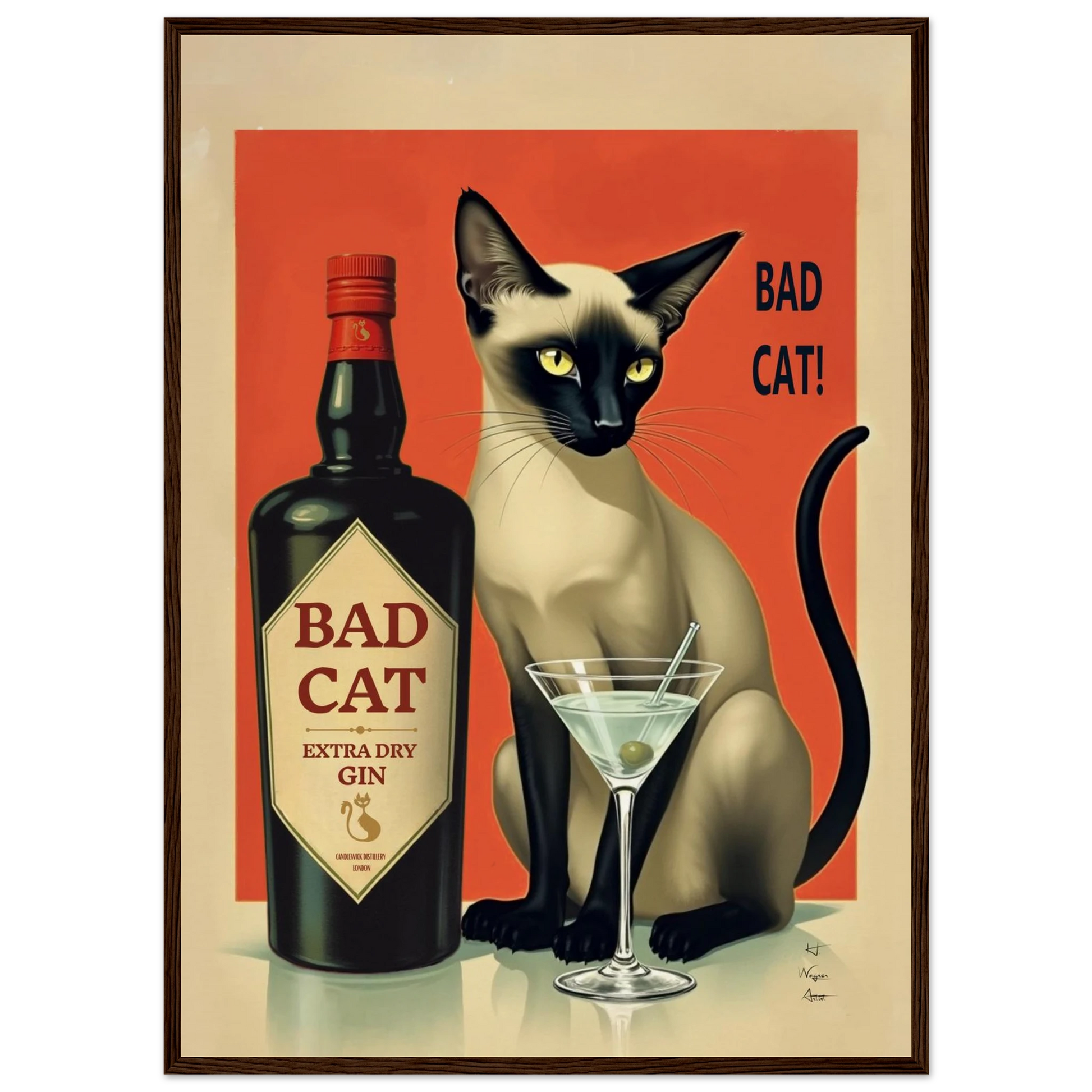 Siamese Cat Gin Martini Cocktail Art Print 50x70 cm 20x28″ Museum-Quality Matte Paper Wooden Framed Poster Dark Brown Wood Frame