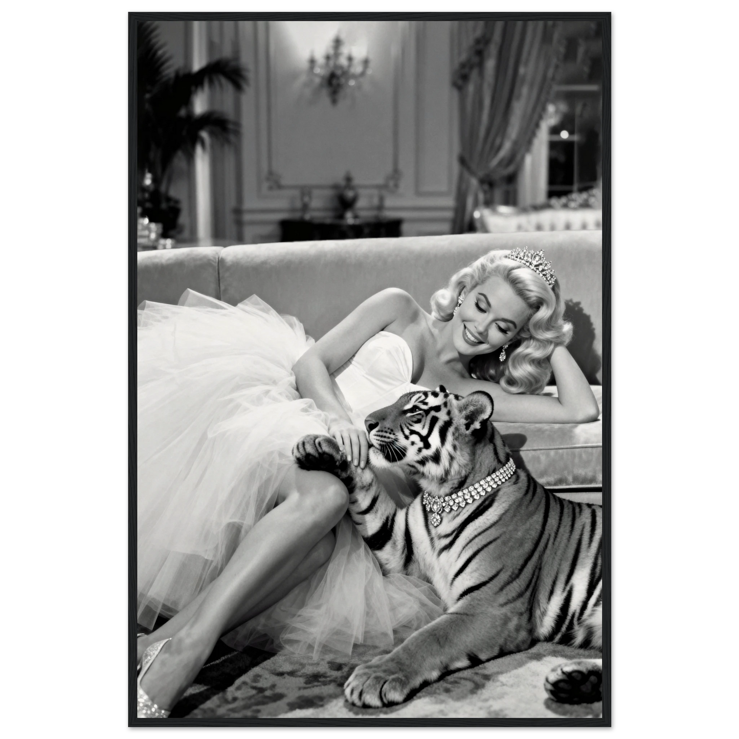 Vintage Hollywood Starlet Tiger Art Print 60x90 cm 24x36″ Museum-Quality Matte Framed Poster - Black Wood