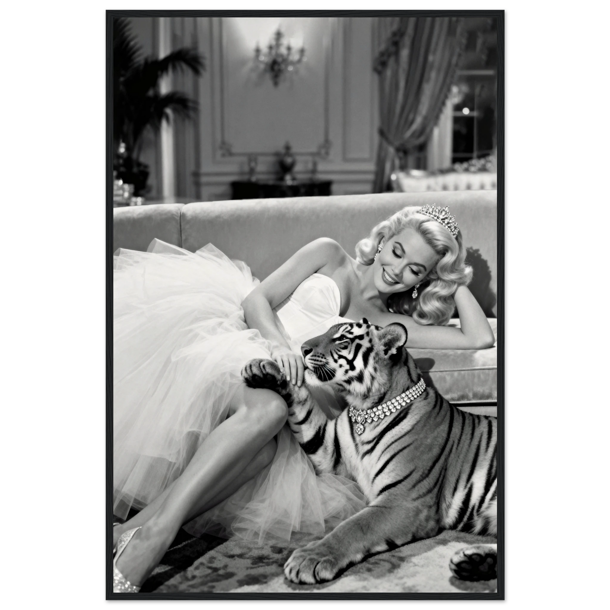 Vintage Hollywood Starlet Tiger Art Print 60x90 cm 24x36″ Museum-Quality Matte Framed Poster - Black Wood